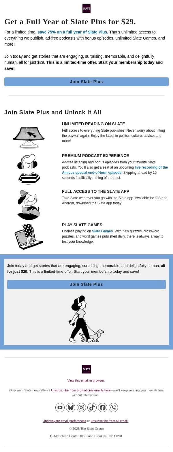 $29 for a year of Slate Plus: Offer ends soon email from Slate screenshot