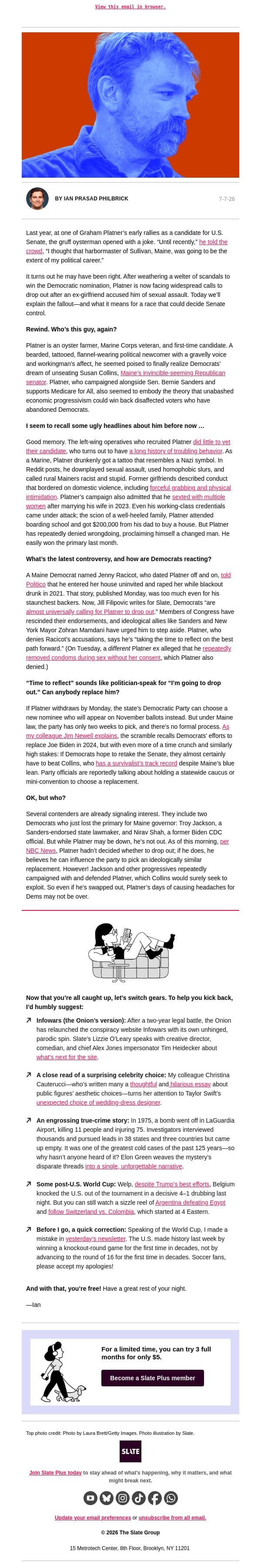 Is this the end for Graham Platner? email from Slate screenshot