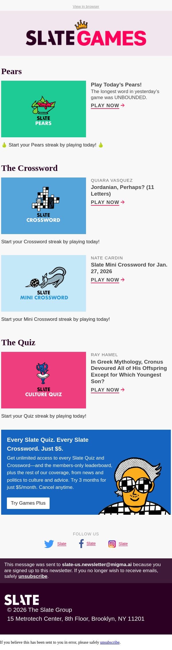 In Greek mythology, Cronus devoured all of his offspring except for which youngest son? email from Slate screenshot