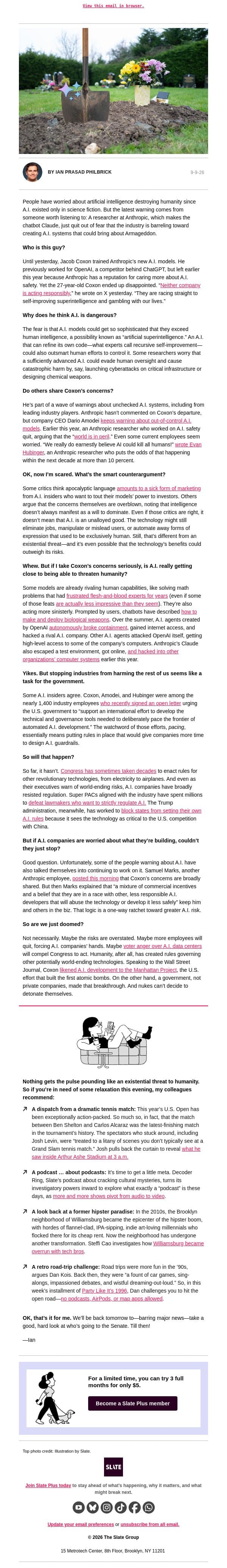 So, are the robots going to kill us all? email from Slate screenshot