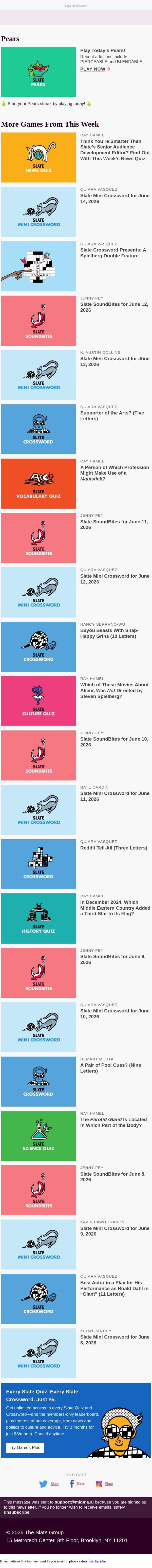 All the games from this week! email from Slate screenshot