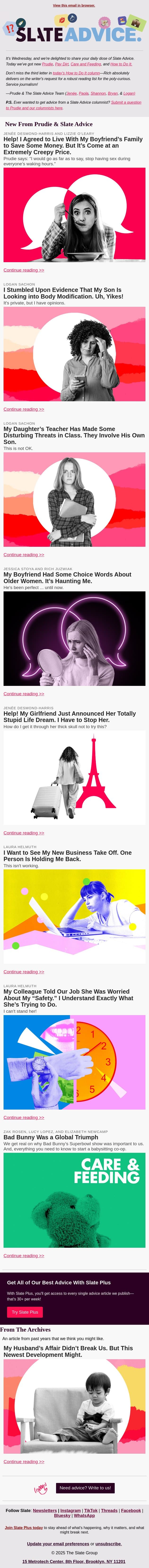 Help! I Agreed to Live With My Boyfriend’s Family to Save Some Money. But It’s Come at an Extremely Creepy Price. email from Slate screenshot