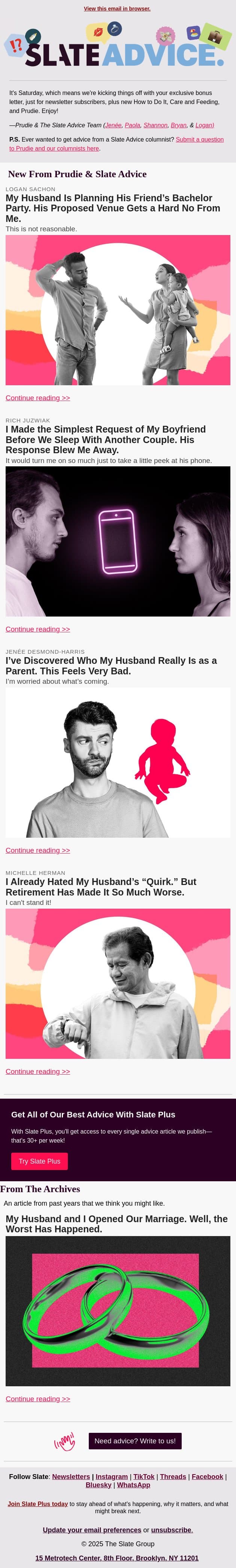 My Husband Is Planning His Friend’s Bachelor Party. His Proposed Venue Gets a Hard No From Me. email from Slate screenshot
