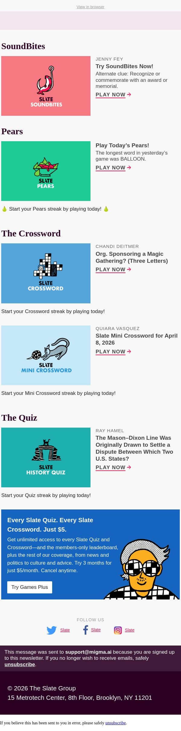 The Mason–Dixon Line was originally drawn to settle a dispute between which two U.S. states? email from Slate screenshot