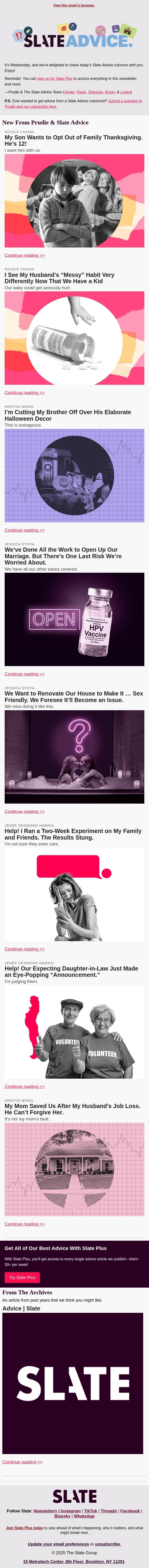 My Son Wants to Opt Out of Family Thanksgiving. He’s 12! email from Slate screenshot