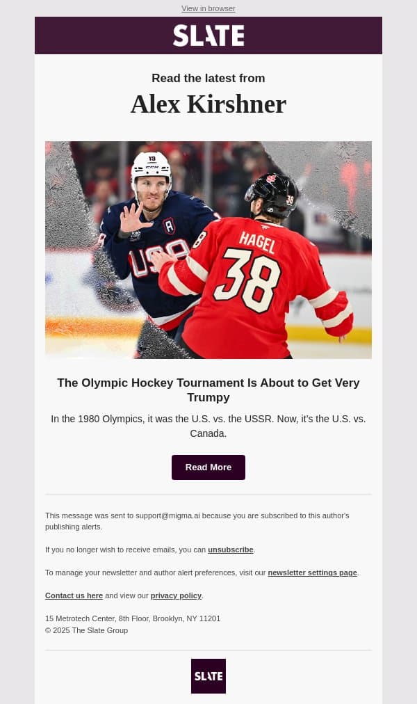 The Olympic Hockey Tournament Is About to Get Very Trumpy email from Slate screenshot