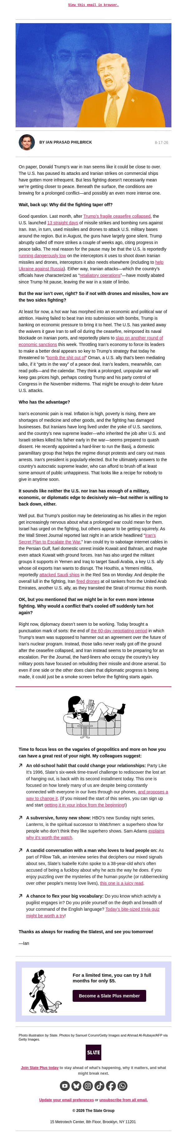 Is Trump’s war in Iran about to get worse? email from Slate screenshot
