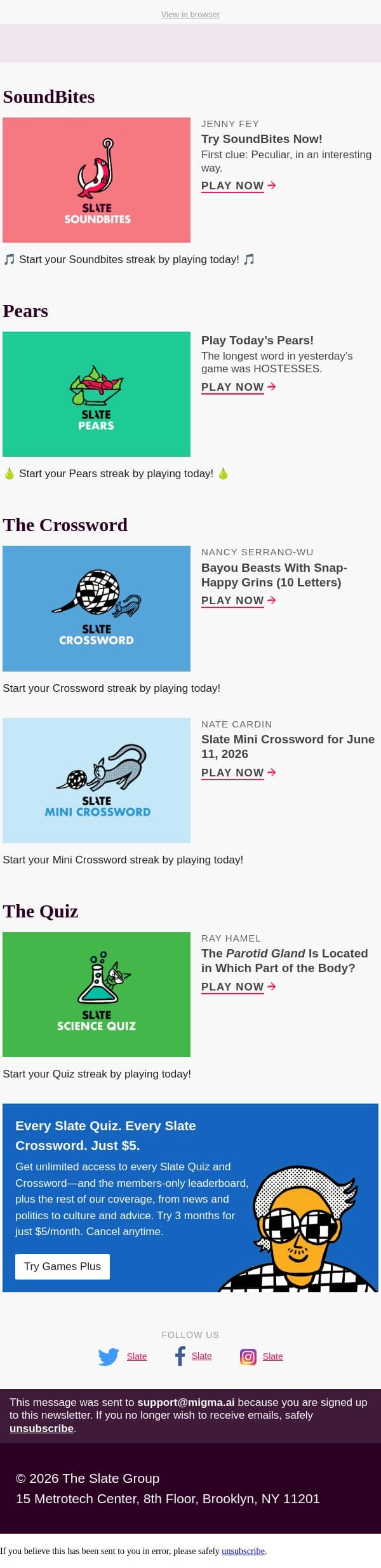 Bayou beasts with snap-happy grins (10 letters) email from Slate screenshot