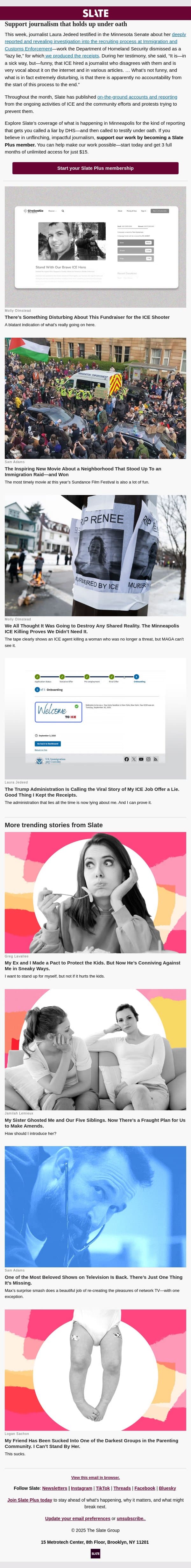 Support journalism that holds up under oath email from Slate screenshot