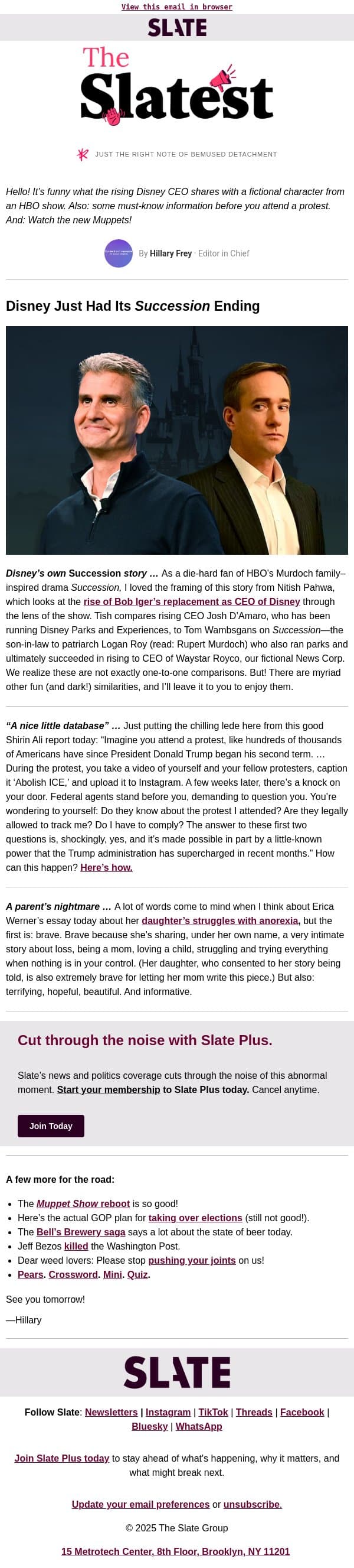 If you love Succession, check out what’s happening at Disney email from Slate screenshot