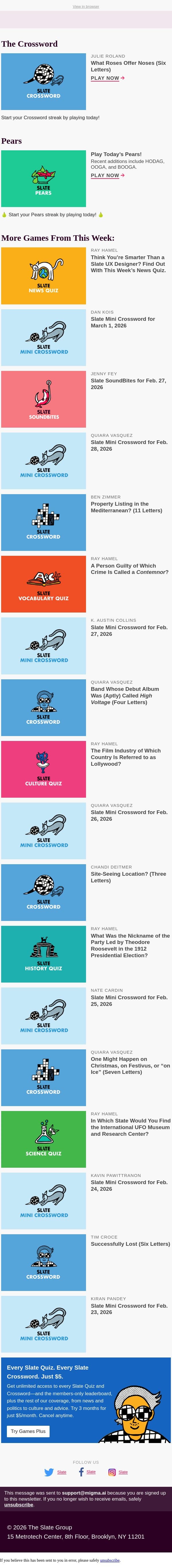 12-Across: What roses offer noses (six letters) email from Slate screenshot