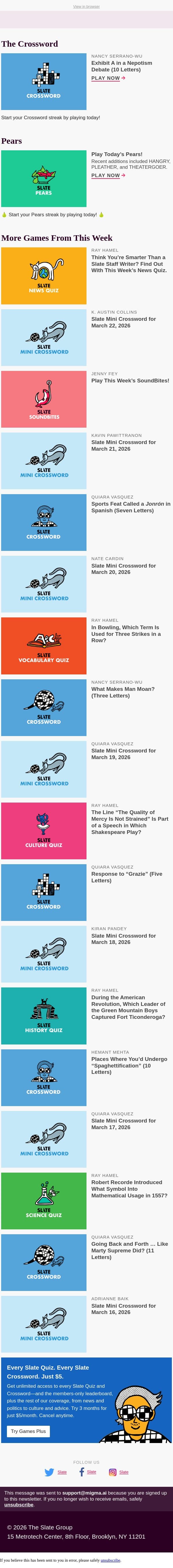 61-Across: Exhibit A in a nepotism debate (10 letters) email from Slate screenshot