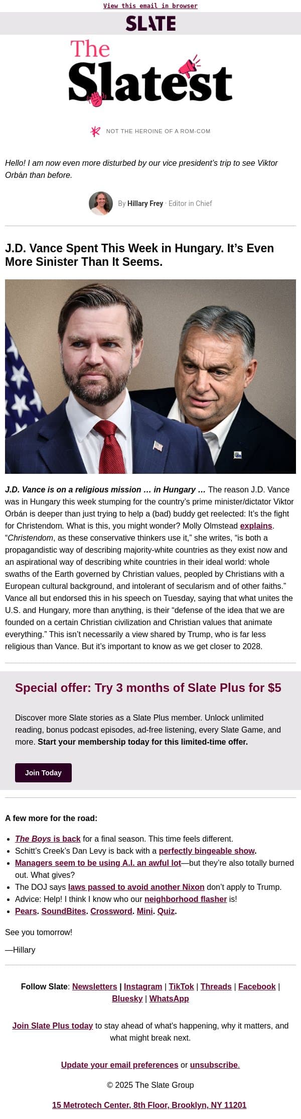 J.D. Vance loves a dictator email from Slate screenshot