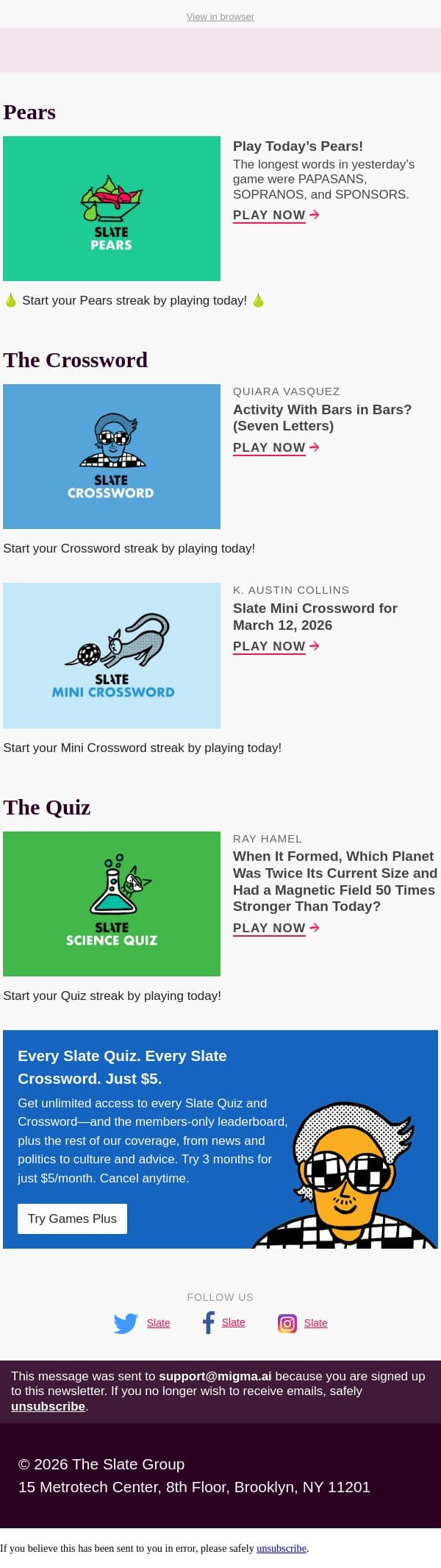 Activity with bars in bars? (seven letters) email from Slate screenshot