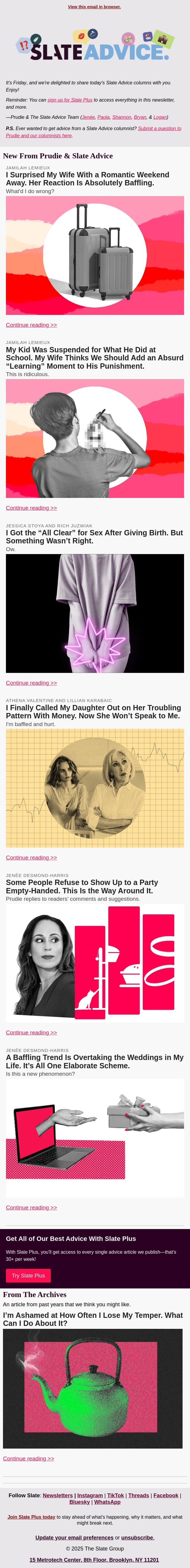 I Surprised My Wife With a Romantic Weekend Away. Her Reaction Is Absolutely Baffling. email from Slate screenshot