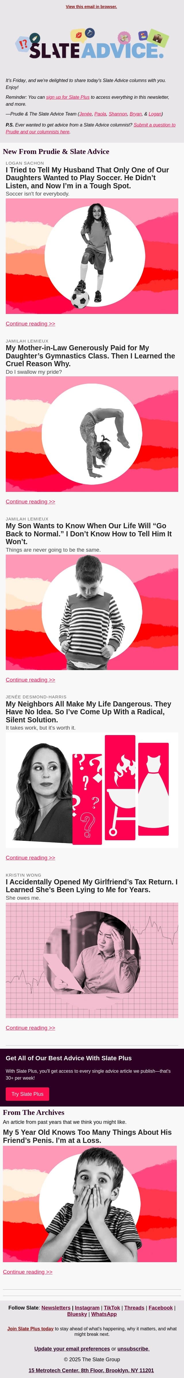 I Tried to Tell My Husband That Only One of Our Daughters Wanted to Play Soccer. He Didn’t Listen, and Now I’m in a Tough Spot. email from Slate screenshot