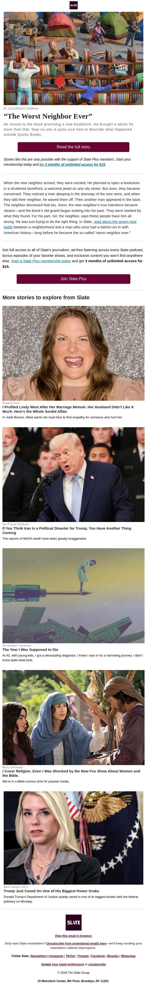 The worst neighbor ever email from Slate screenshot