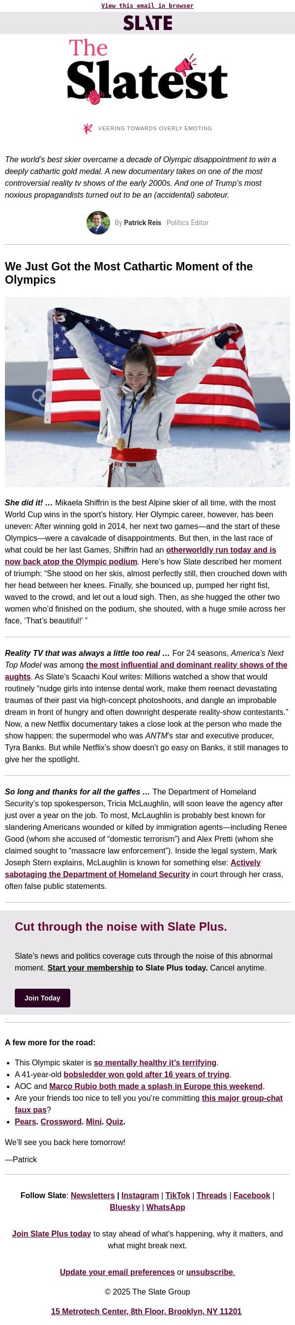 An unmissable Olympic moment email from Slate screenshot