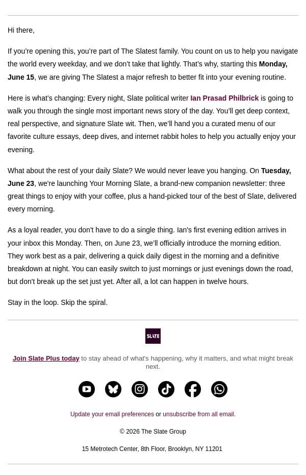 We're giving The Slatest a major refresh email from Slate screenshot