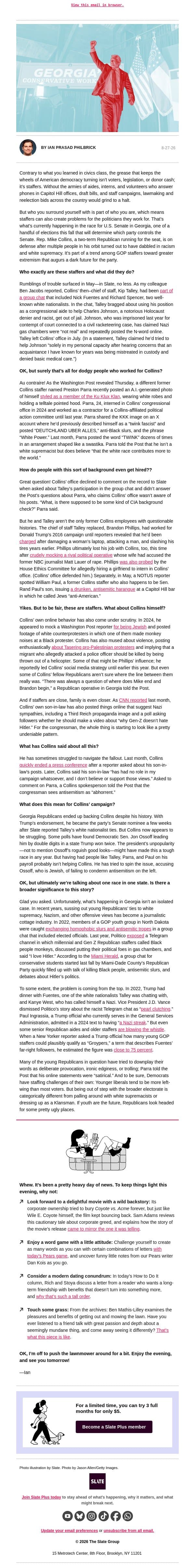 For a senator, how many white nationalist staffers is too many? email from Slate screenshot