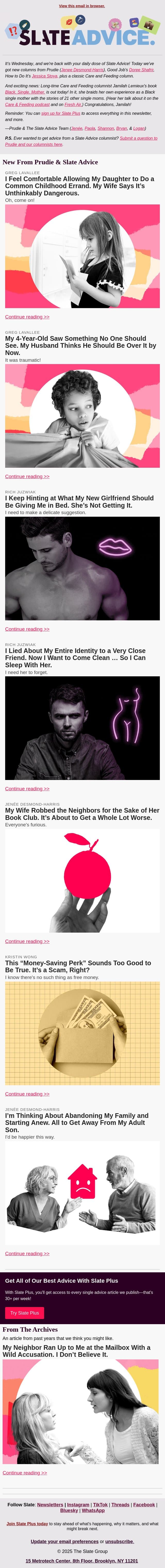 I Feel Comfortable Allowing My Daughter to Do a Common Childhood Errand. My Wife Says It’s Unthinkably Dangerous. email from Slate screenshot