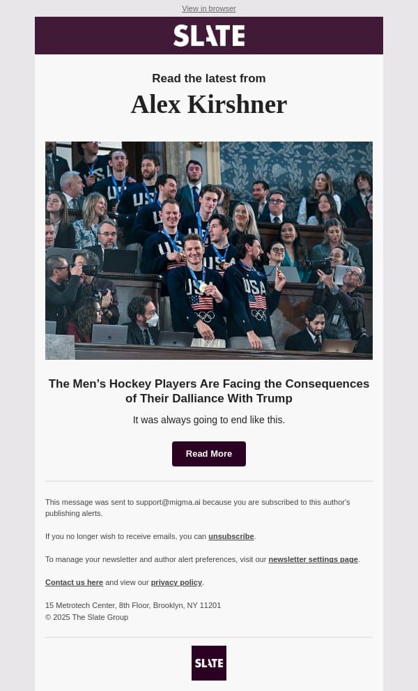 The Men’s Hockey Players Are Facing the Consequences of Their Dalliance With Trump email from Slate screenshot
