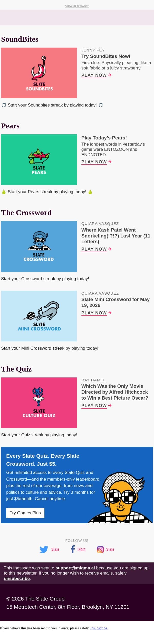 Which was the only movie directed by Alfred Hitchcock to win a Best Picture Oscar? email from Slate screenshot