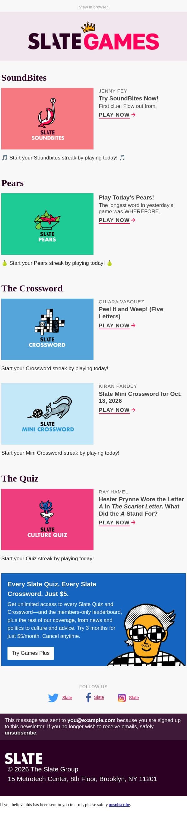 Peel it and weep! (five letters) email from Slate screenshot