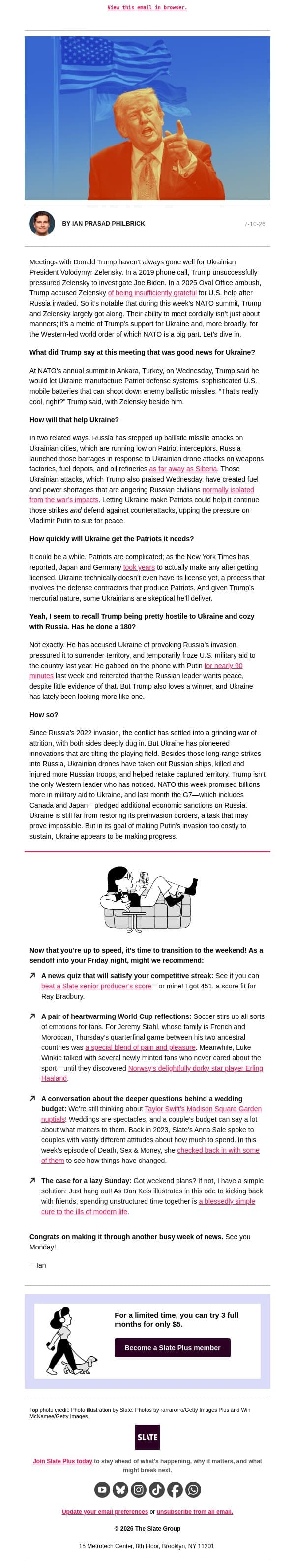 Has Trump flipped on Vladimir Putin? email from Slate screenshot