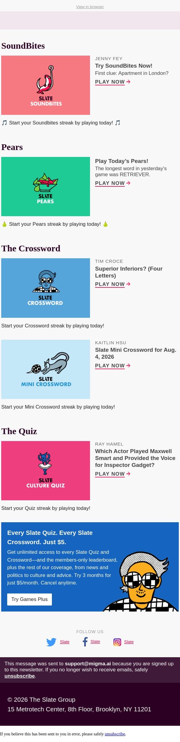 Superior inferiors? (four letters) email from Slate screenshot