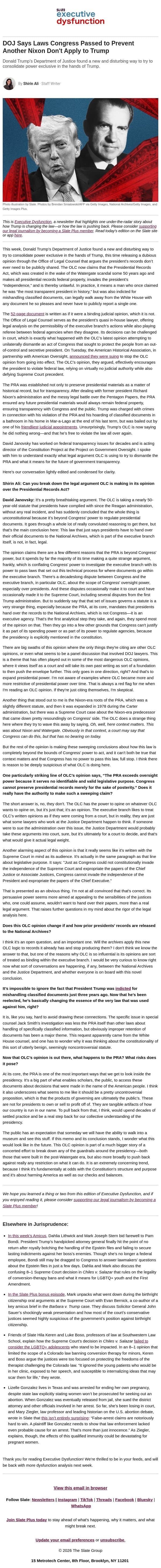 DOJ says post-Watergate laws on Nixon’s secrecy don’t apply to Trump. email from Slate screenshot