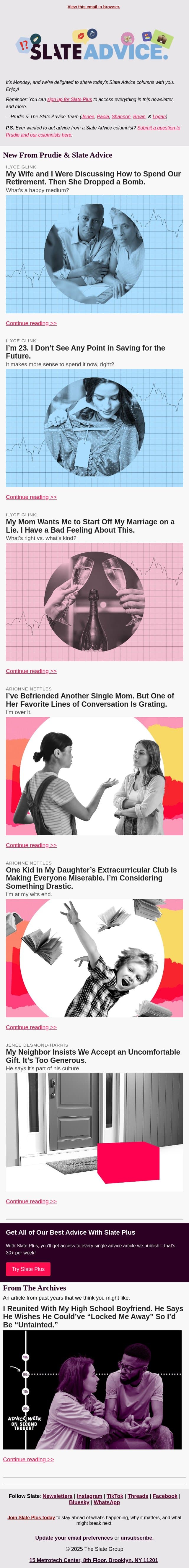 My Wife and I Were Discussing How to Spend Our Retirement. Then She Dropped a Bomb. email from Slate screenshot
