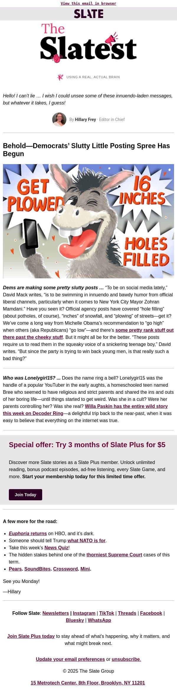 Dems on social media are getting frisky! email from Slate screenshot