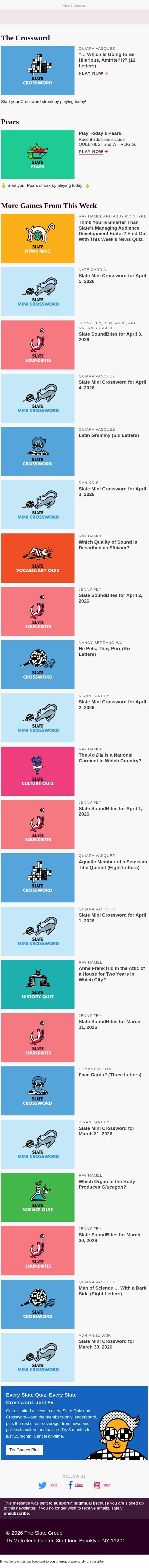 5-Down: “… which is going to be hilarious, amirite?!?” (12 letters) email from Slate screenshot
