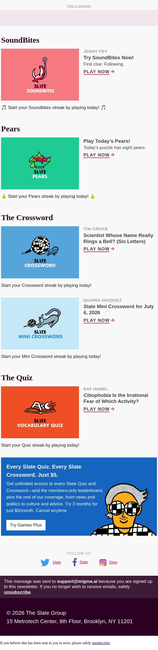 Cibophobia is the irrational fear of which activity? email from Slate screenshot