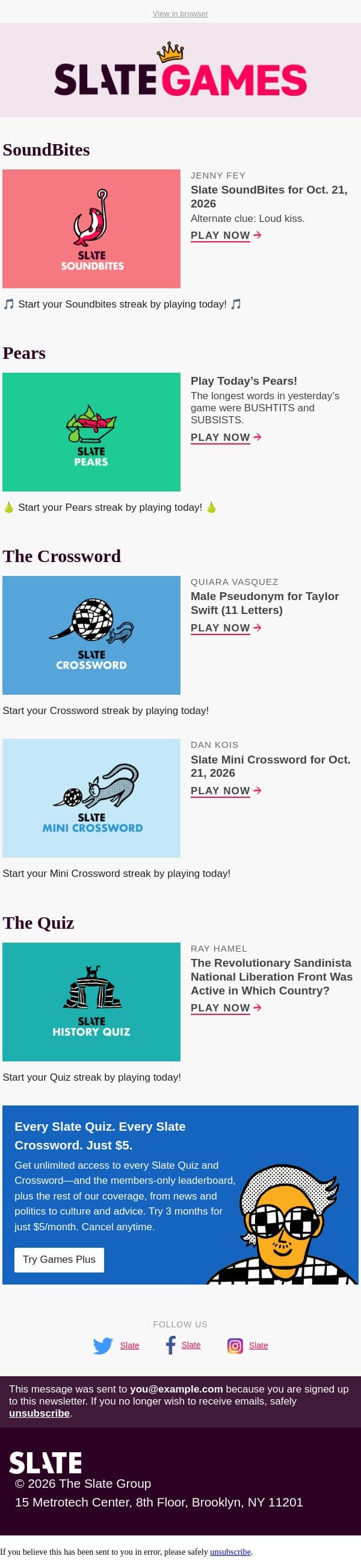 Male pseudonym for Taylor Swift (11 letters) email from Slate screenshot