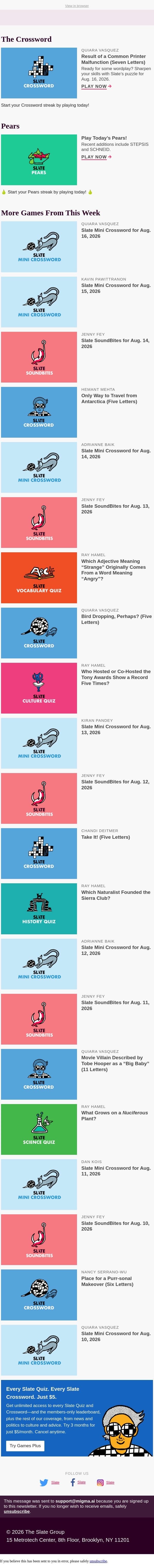 27-Across: Result of a common printer malfunction (seven letters) email from Slate screenshot