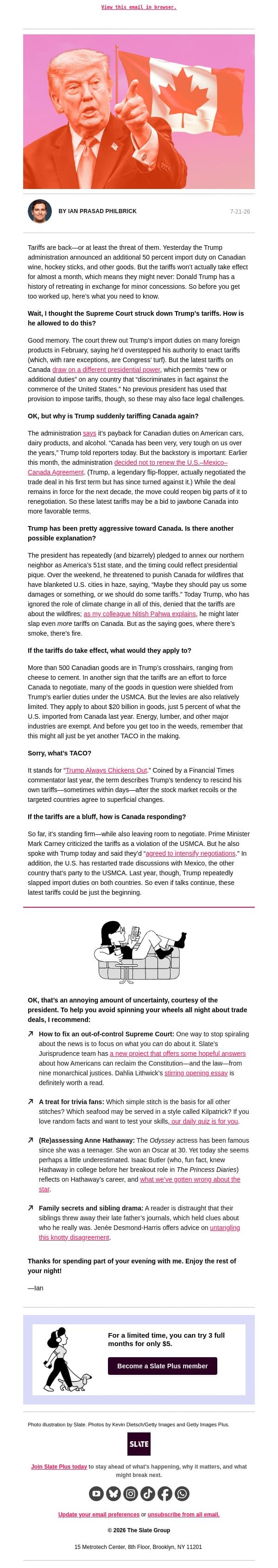 Is Trump’s Canada tariff threat just a ruse? email from Slate screenshot