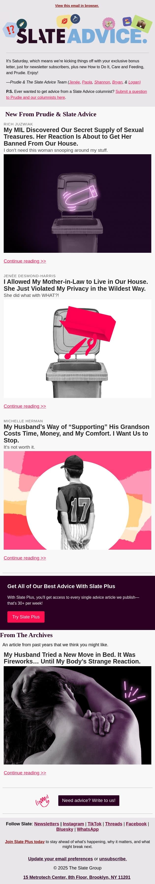 My MIL Discovered Our Secret Supply of Sexual Treasures. Her Reaction Is About to Get Her Banned From Our House. email from Slate screenshot