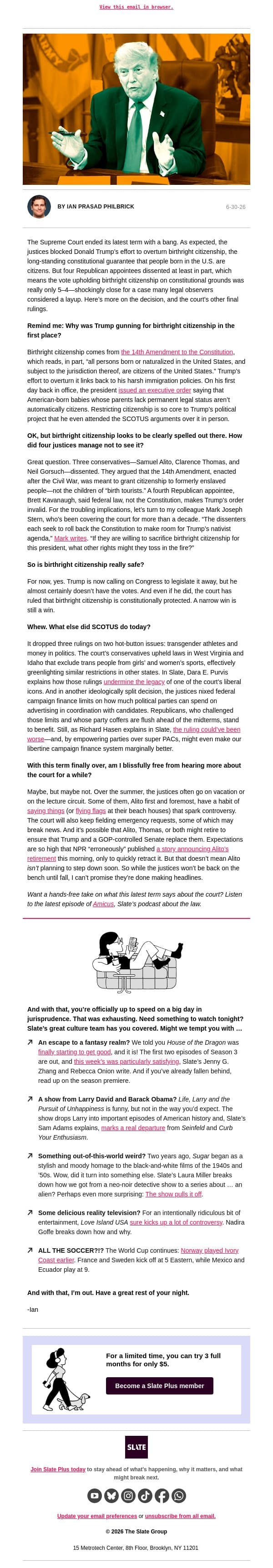 Way, way too close for comfort email from Slate screenshot