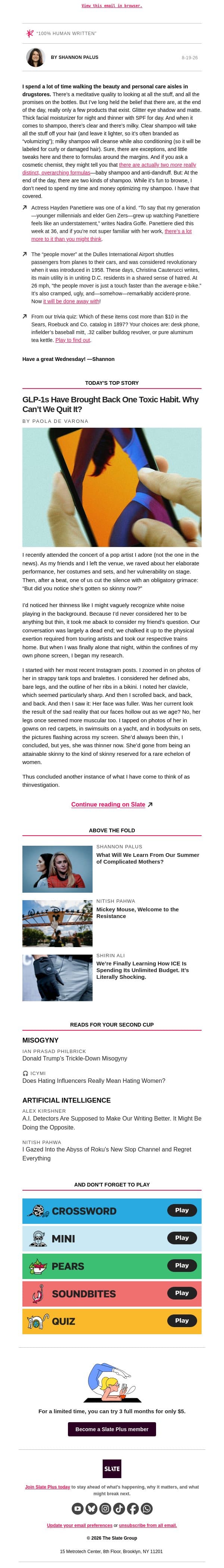 The two-shampoos theory email from Slate screenshot
