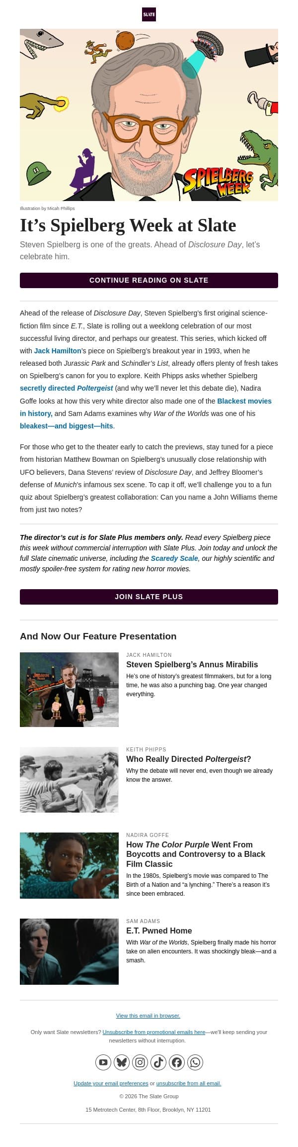 Is Steven Spielberg our greatest living director? email from Slate screenshot