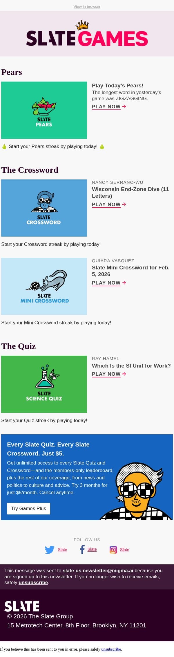 Which is the SI unit for work? email from Slate screenshot