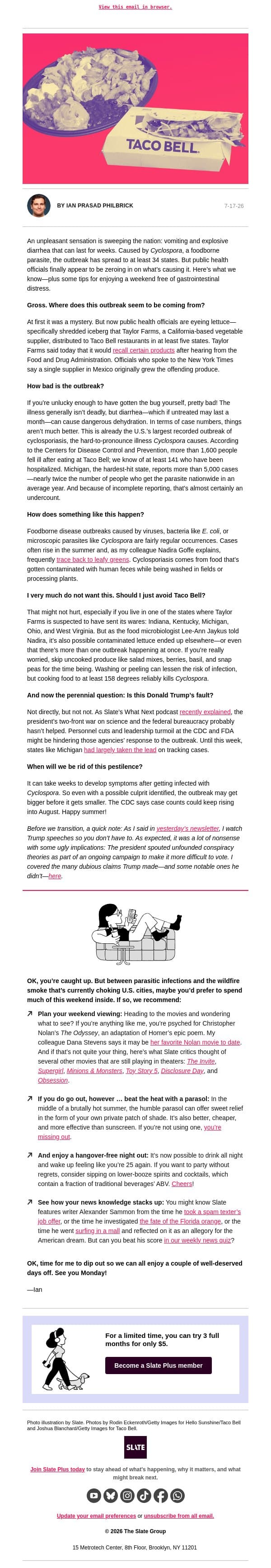 How not to get explosive diarrhea this weekend email from Slate screenshot
