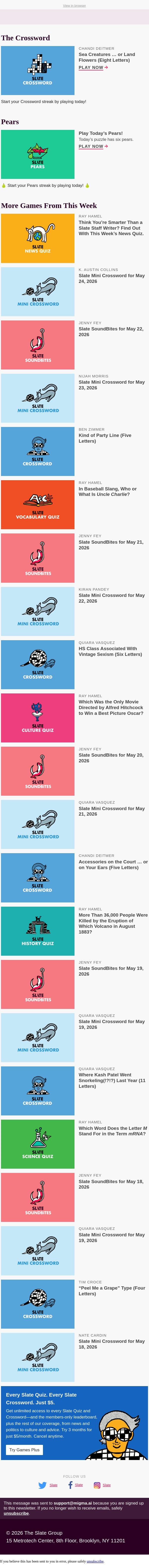 2-Down: Sea creatures … or land flowers (eight letters) email from Slate screenshot