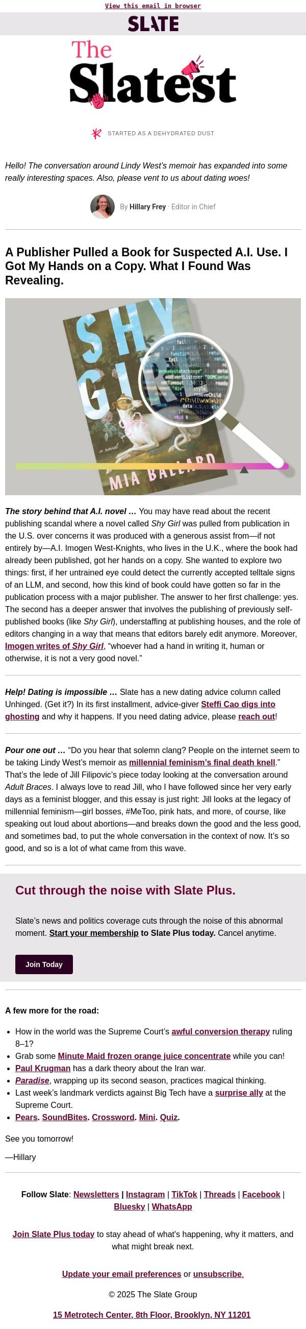 In defense of millennial feminism email from Slate screenshot