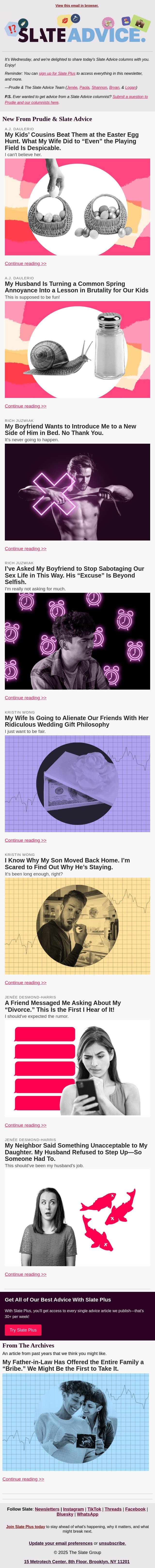 My Kids’ Cousins Beat Them at the Easter Egg Hunt. What My Wife Did to “Even” the Playing Field Is Despicable. email from Slate screenshot
