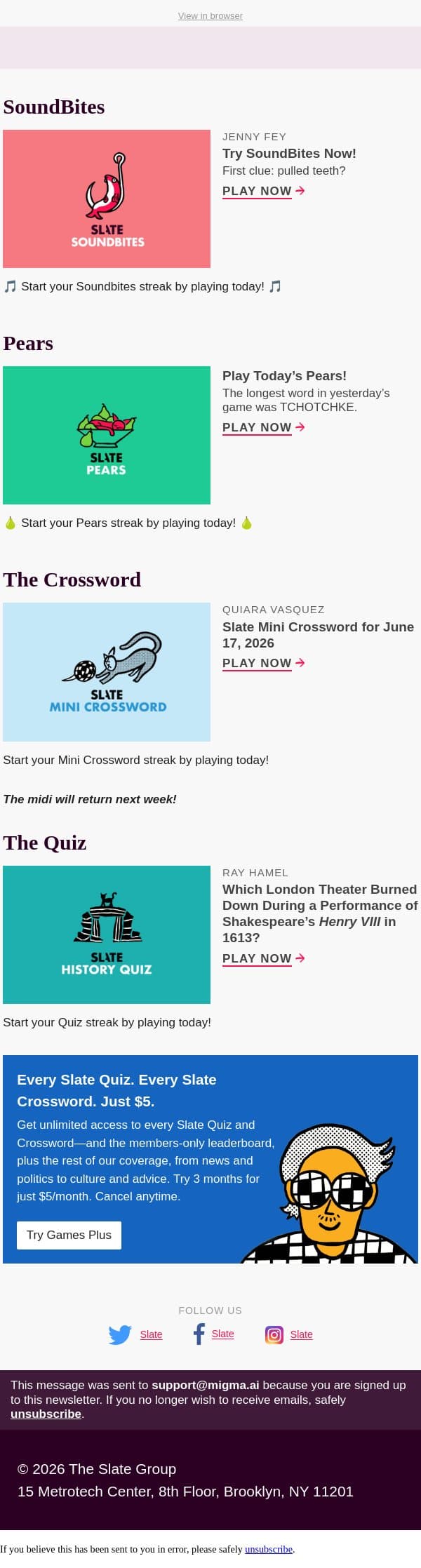 Which London theater burned down during a performance of Shakespeare’s Henry VIII? email from Slate screenshot