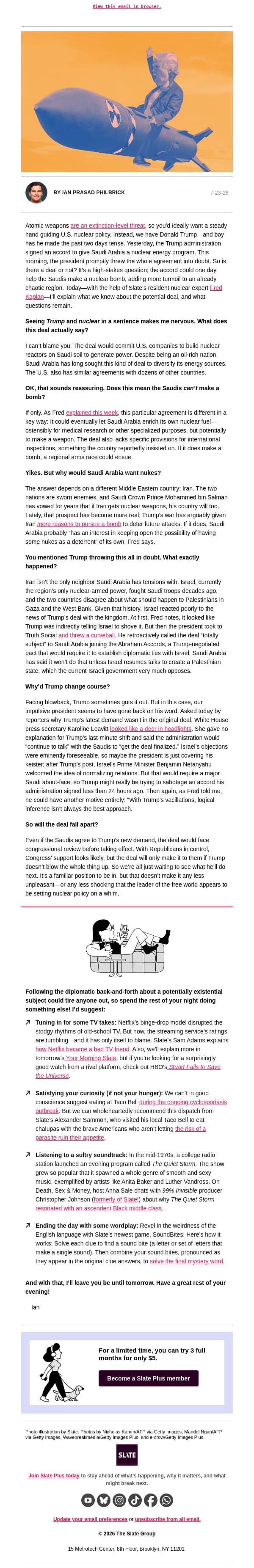 Is Trump letting Saudi Arabia get a nuke? email from Slate screenshot