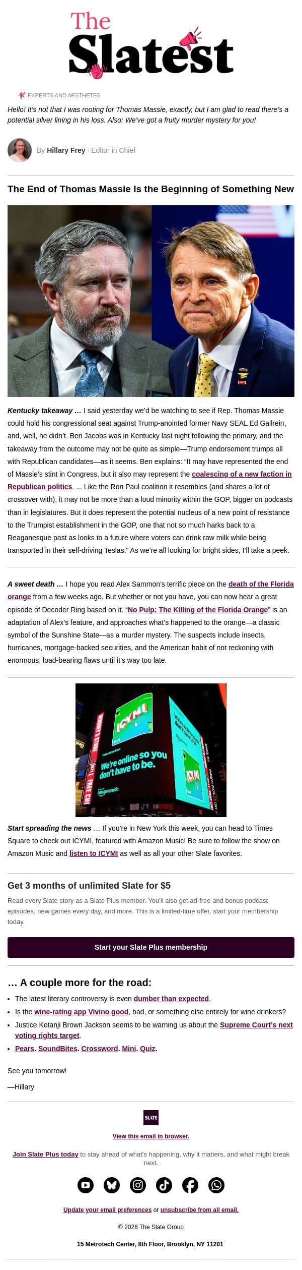 Thomas Massie’s loss may be a Pyrrhic victory for MAGA email from Slate screenshot